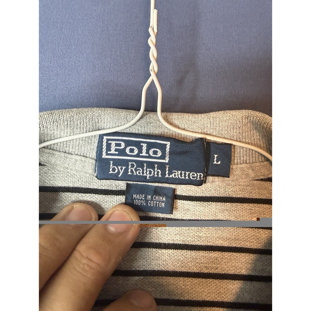 Vintage Polo Ralph Lauren Mens Large Gray Black Striped Cotton Polo Shirt Pony - Picture 3 of 5